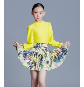 Yellow printed floral latin ballroom dance dresses for kids children ballroom salsa chacha dance costumes for girls 